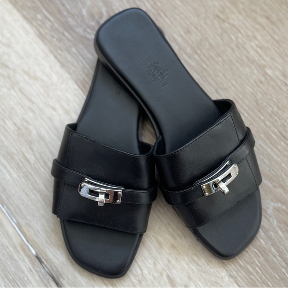 Hermes Shoes - Hermes Calfskin Leather Sandals with Lock Palladium Hardware